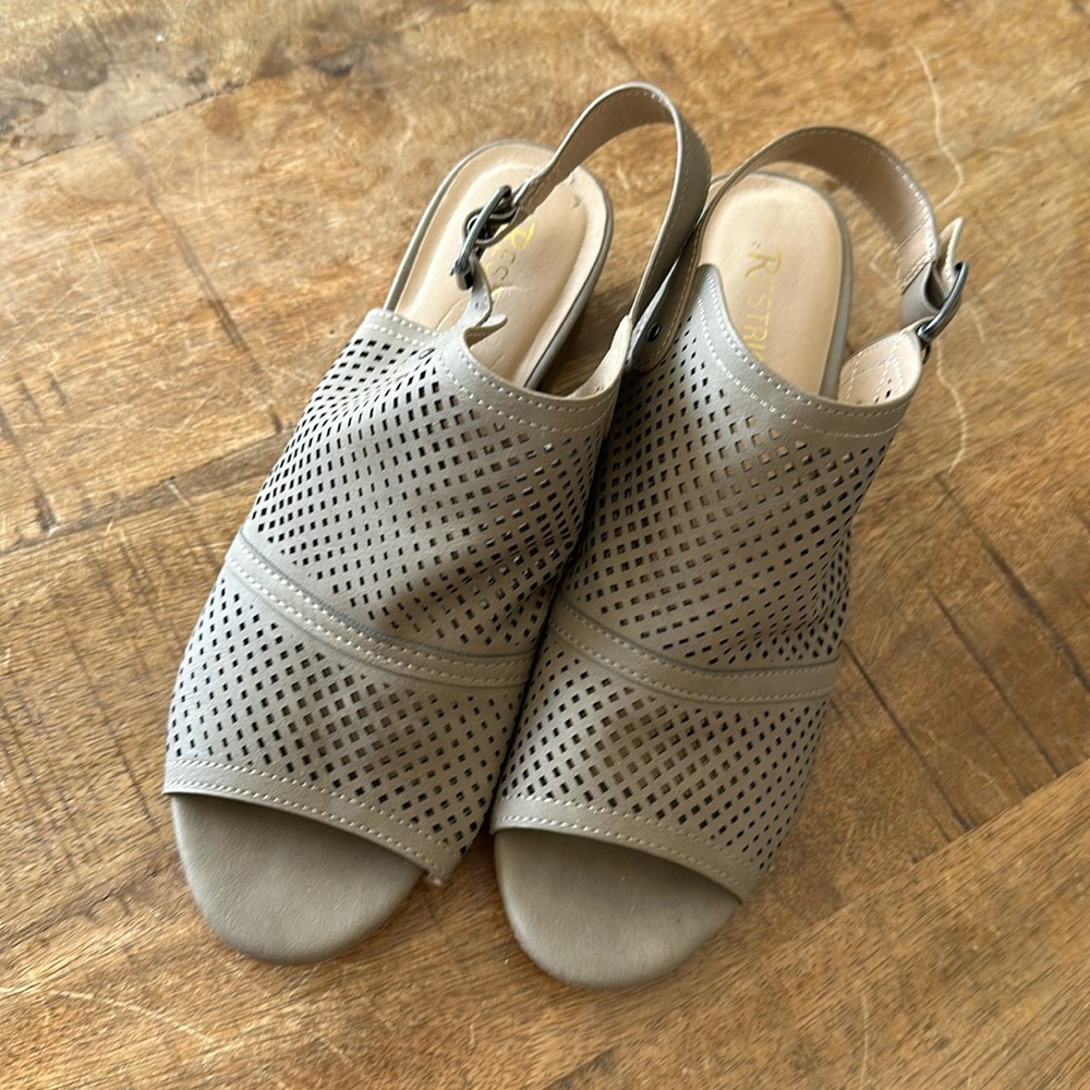 Restricted Size 8 laser cut, block heel, open toe shoe.